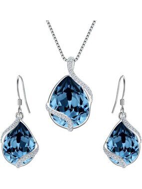 925 Sterling Silver Teardrop Pendant Necklace & Earrings Set - Adjustable, CZ